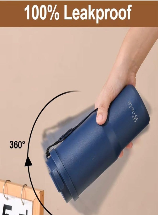 Wosta 750 ml Stainless Steel Insulated Tumbler - Dual-Lid (Flip-Sip + Straw), Tea/Fruit Strainer, Leak-Proof Screw-On Lid, Silicone Straw & Hanging Belt. (Dark Blue) - Image 5
